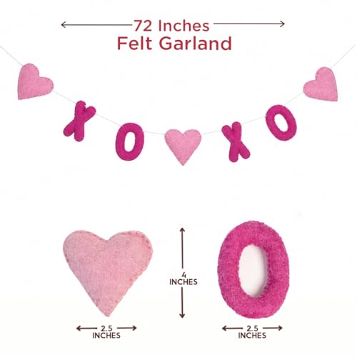 Image of Folkulture XOXO Valentine Felt Garland Banner for Home Decor | 72 inches Pink Heart Hanging Decoration for Bedroom Decor, Wall Decor, Party Decorations, Anniversary & Room Decor Aesthetic