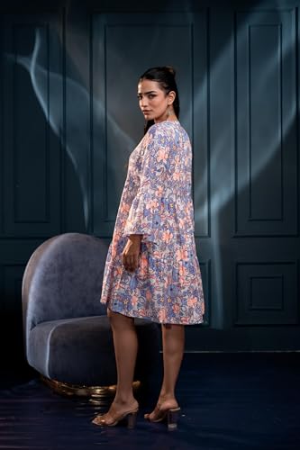 Image of Juniper Women's Blue & Orange Floral Cotton Short Dress