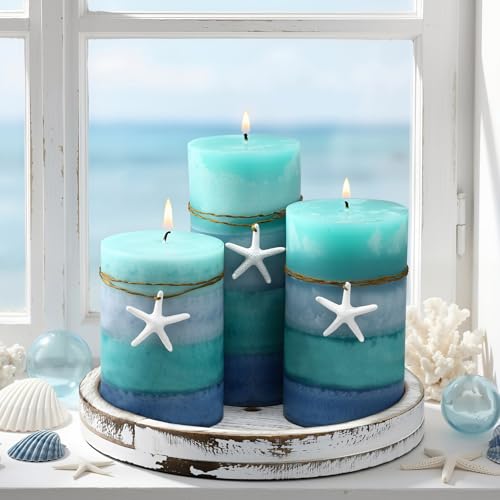 Threlaco Set of 3 Ocean Pillar Candles with Starfish Decorative Blue Pillar Layered Candles Clean Long Lasting with Ornaments for Summer Home Party Room Decor 3 Sizes