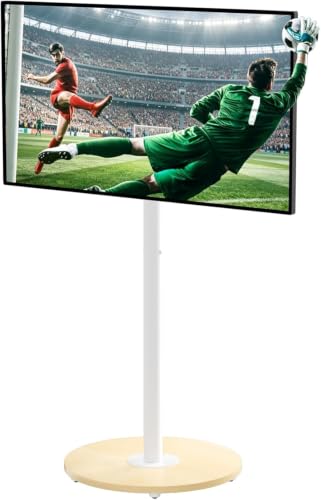 unho White Floor TV Stand with Wheels Adjustable Height Wooden Base VESA 600x400 for 40-75 Inch