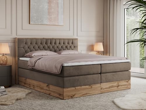 MKS MEBLE King Boxspringbett 180x200 mit Bettkasten Eiche, Polsterbett 180x200 mit Matratze H3, Bett 180x200 mit Kopfteil, Bett mit Holzrahmen in Wotan Eiche - Braun Velvet - Amore King MKS MEBLE King Boxspringbett 180x200 mit Bettkasten Eiche, Polsterbett 180x200 mit Matratze H3, Bett 180x200 mit Kopfteil, Bett mit Holzrahmen in Wotan Eiche - Braun Velvet - Amore King