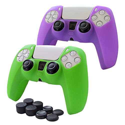 Pandaren Schutzhülle für PS5-Controller-Griffe, 2 Stück für Sony Playstation 5, schweißfeste, rutschfeste Silikonhülle, Handgriff mit 8 FPS Pro Thumbsticks Kappenschutz (grün, lila) Cover