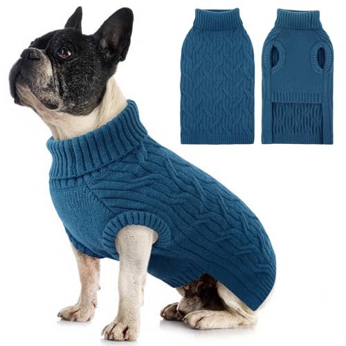 Queenmore Dackel Hundepullover, Gestrickter Rollkragen Hundepulli für Rüden & Hündinnen, für Jack Russell, Bulldog Corgi, Franz. Bulldogge, Mops (Blau, M)