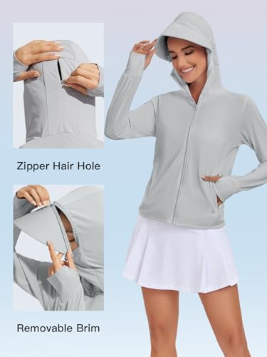 VUTRU Jaqueta feminina com capuz e proteção solar FPS 50+, leve, manga comprida, com capuz UV com bo