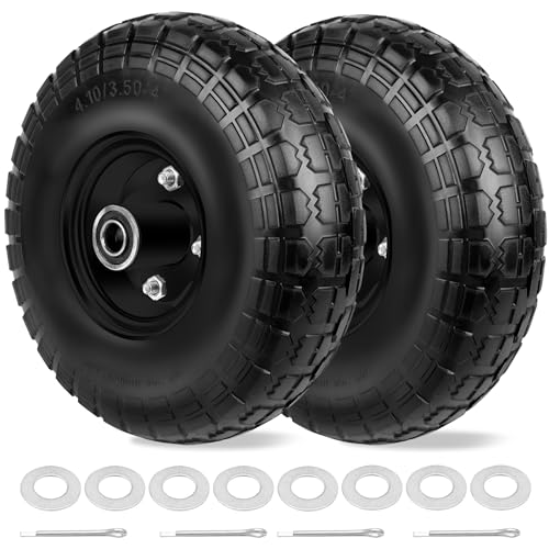 Image of 4.10 /3.50-4 Tires and Wheels Flat Free 10 Inch Solid Tires Replacement with 5 /8 inch Axle Bore Hole, 8 Spacers 4 Pins, for Cart, Garden Wagon, Wheelbarrow, Hand Truck, Trolley, Lawn Mower, 2P