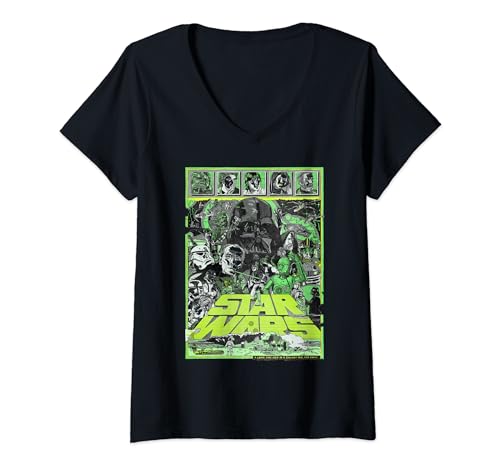 T-shirt Star Wars pour femme avec col en V vert et imprimé poster rétro