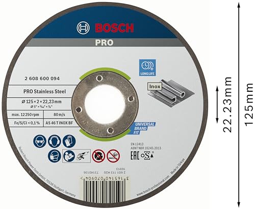 Bosch 1x PRO Stainless Steel Longlife Trennscheibe für kleine Winkelschleifer und 22,23‑mm-Bohrung (für Edelstahl, Ø 125 mm, Professional Zubehör Kleiner Winkelschleifer)