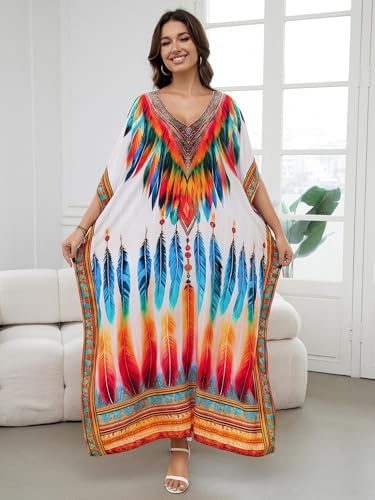 Image of IMAGEKOPE Women's Plus Size Loose Fit Moroccan Print V-Neck Batwing Kaftan Beach Dress Bathing Suit Cover Up