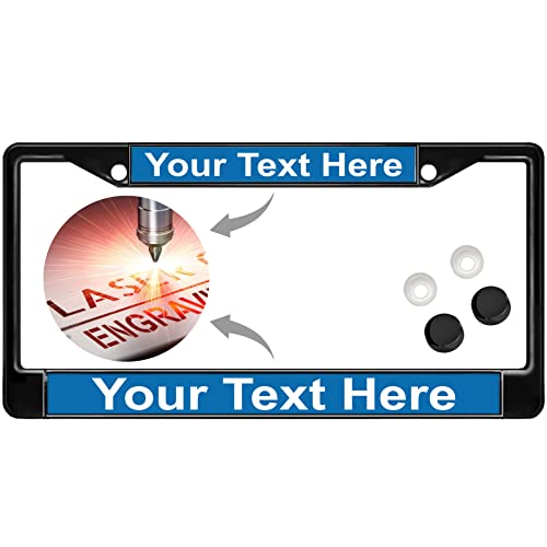 Image of Custom Personalized Black Powder-Coated Metal Laser Engraved Standard Size - Car /Automobile License Plate Frame with Free caps - Blue /White Text (Qty: 1 Frame)