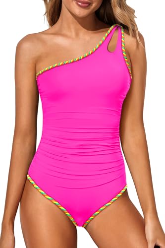 Image of Holipick One Shoulder One Piece Swimsuit for Women Tummy Control Bathing Suits Modest Full Coverage Keyhole Swimwear