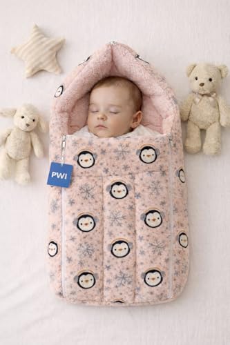 Image of PWI Baby Sleeping Bag for 0-6 Months, Ultra Soft Plush & Sherpa Warm Winter Wrapper with Hood & Zip, Newborn Swaddle Blanket for Stroller & Home Use