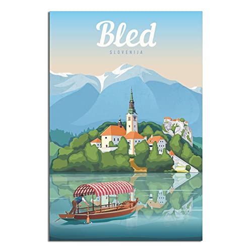 FONNIQ Poster de voyage vintage Slovénie Bled sur toile - Impression sur toile pour chambre à coucher, bureau - Cadeaux de fête - 20 x 30 cm