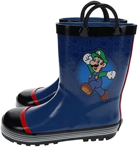 Super Mario Brothers Mario & Luigi Rain Boot for Kids, Nintendo, 100% Rubber, Waterproof, Blue/Black, Big Kid Size 1/2