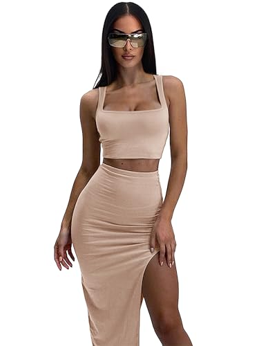 Image of ELLEVEN Two Piece Maxi Skirt Sets for Women, Square Neck Tank Tops with High Side Slit Dress Sets Summer Outfits