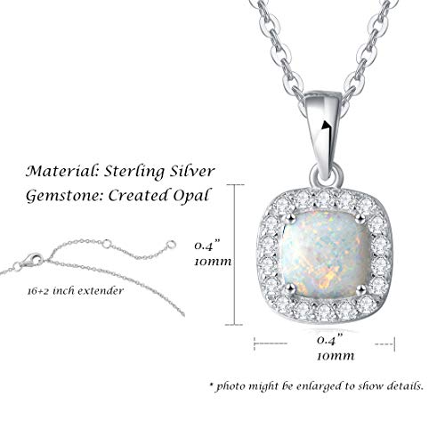 Fancime October Birthstone Jewelry Sterling Silver White Opal Necklace Cubic Zirconia Cz Fire Opal Halo Square Pendant Fine Jewelry For Women 16”+2” Extender #TOP4
