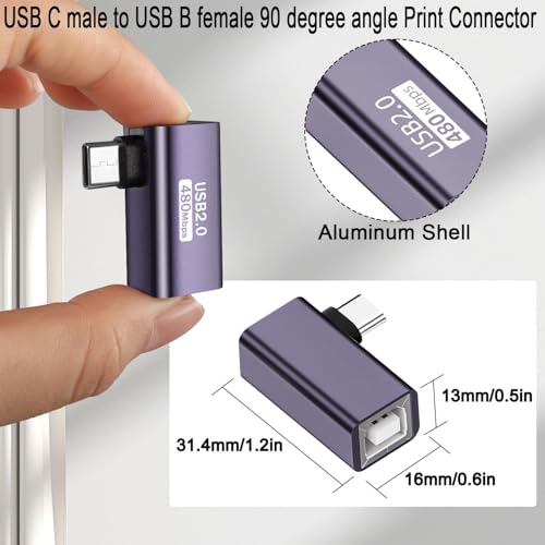 Image of ETZIN USB C Male to USB B Female 90 Angle Print Connector USB C Plug to MIDI Jack Electronic Instrument Right Angle Adapter 480Mbps 20W Charging,Al Hull,for Electronic Piano Printer EPL-1577CC