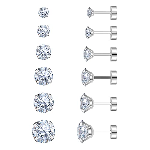 Flat Back Stud Earrings for Women - Hypoallergenic Surgical Steel Earrings with CZ Stones - 6 Pairs (18-20G)