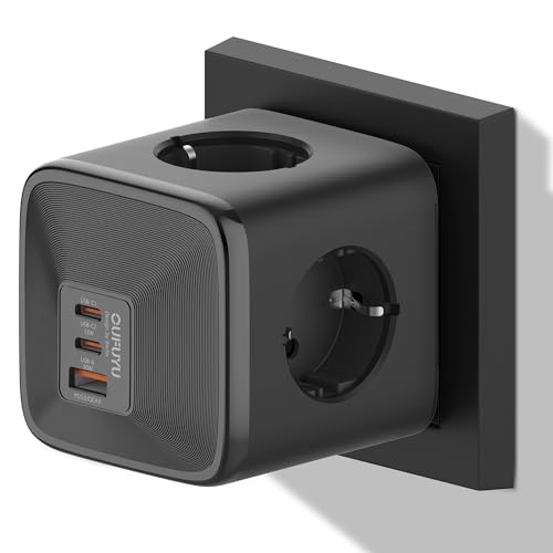 OUFUYU Cubo Regleta Enchufe USB 30W, Ladron Enchufes Múltiple con 4 Tomas 4000 W 16 A, Cargador Rápido 2 USB C 1 USB A, Enchufes Múltiples Pared 7 en 1 para Oficina, Hogar, Viajes, Negro
