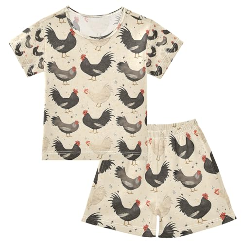 senya Black White Rooster Z Summer Pajamas Set Short Cotton Sleepwear 2 Piece