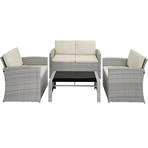 TecTake-800905-Conjunto-de-Ratan-para-4-Personas-2-Sillones-1-Sofa-1-Mesa-Tablero-Cristal-Incluye-Cojines-y-Tornillos-de-Acero-INOX-Gris-Claro