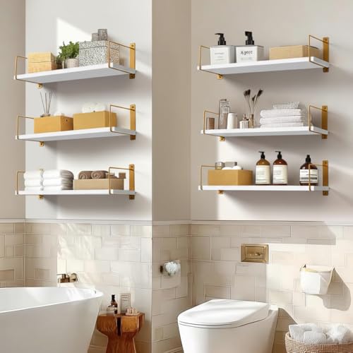 Image of Wall Mounted Bathroom Shelves Set of 3, White Rustic Wood Floating Shelves with Metal Brackets, Wall Storage Rack for Toiletries Organizer Washbasin Kitchen Living Room (Golden White)