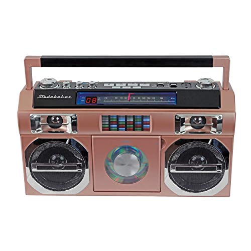 Studebaker SB2145RG 80's Retro Street Bluetooth Boombox with FM Radio, CD Player, LED EQ, 10 Watts RMS Power and AC/DC in Rose Gold