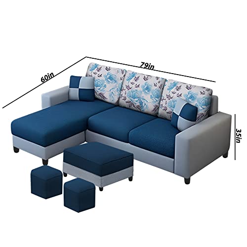 Image of Orland 4 Seater LHS L Shape Sofa with Center Table & 2 Puffy | Color - Blue Grey