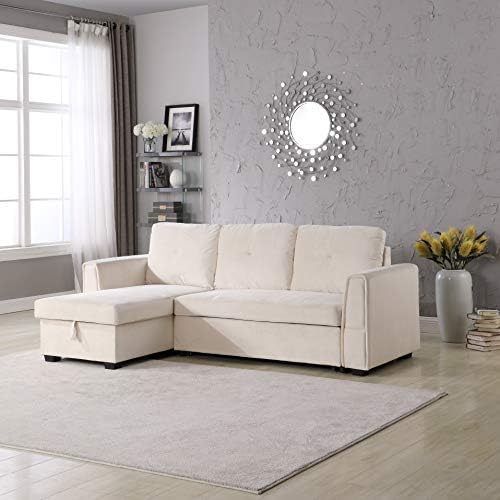 Legend Vansen 91''Velvet Sofa Chaise Storage Reversible L-Shape Sleeper Sectional,Sofabed,Seelper, Apt, Cream