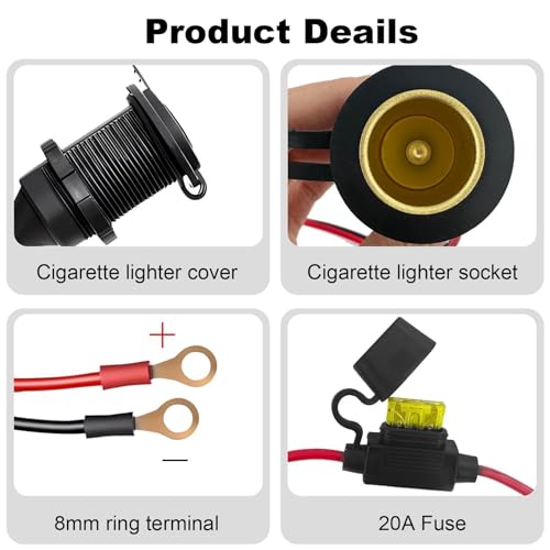 2 Piezas Toma Mechero Coche 12V/24V, Zócalo del Encendedor de Cigarrillos con Cable Alargador, Mechero Coche con 2 Terminal a Junta Tórica 8mm y 20A Fusible, para Barco Moto Nevera Camper - imagen 3
