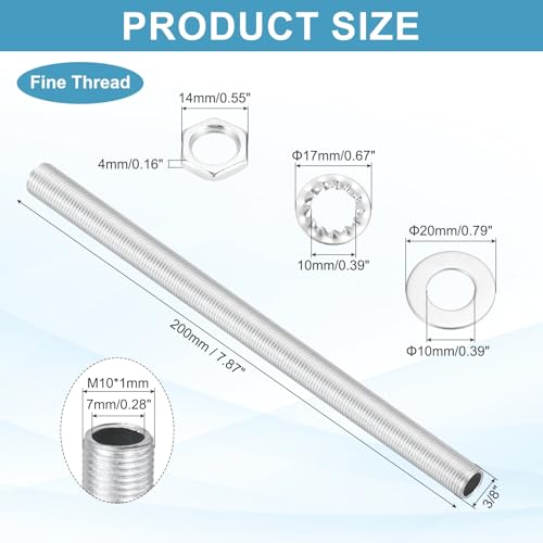 Image of MECCANIXITY 21Pcs 7.9 inch Lamp Pipe Nipples Kit with Hex Nuts Washers, M10 Fine Threaded Hollow Tube Repair Hardware Fasteners Assortment for Assembly Chandelier Ceiling Lamp DIY, Silver