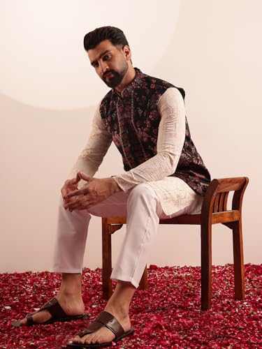 Image of SOJANYA Men's Cotton Silk Cream Kurta & White Pyjama With Velvet Paisley Design Nehru Jacket