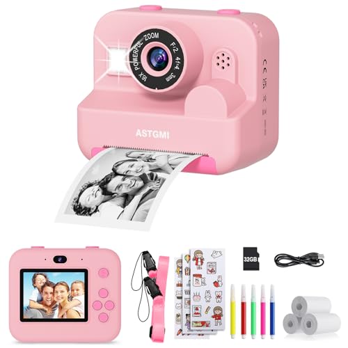 ASTGMI Macchina Fotografica Bambini Istantanea, 2,4 Pollici 1080P Fotocamera Bambini Selfie con Carta da Stampa e 32GB Scheda, Giocattolo Regalo di Natale Bambino e Bambina 3 4 5 6 7 8 Anni (Rosa)