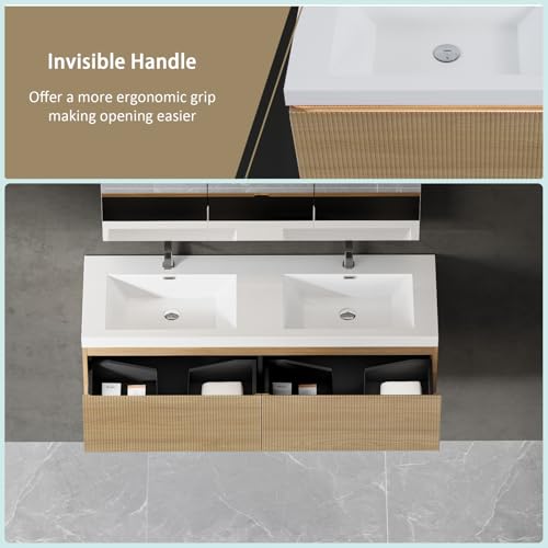 Image of Wall Mounted Bathroom Sink Vanity, Modern 60 inch Floating Vanity with 2 Resin Top Basins and 2 U-Shaped Soft-Close Storage Drawers, Striped Bathroom Storage Cabinet with Invisible Handle, Wood