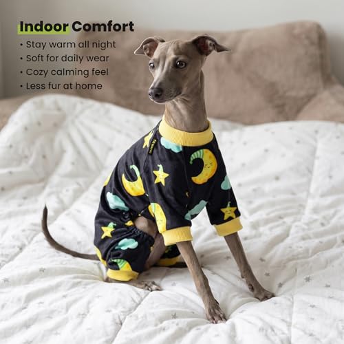 Image of Fitwarm Moon and Stars Dog Fleece Pajamas, Cozy Winter Clothes for Small Dogs Boy Girl, Funny Pet Outfit, Black, Yellow, XS