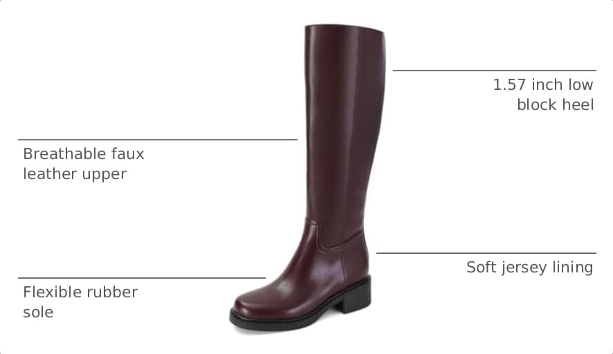 Image of Dsevht Black Knee High Boots for Women Faux Leather Elastic Low Heel Round Square Toe Side Zipper Fall Long Tall Boot