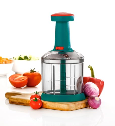 Xmart India Manual Push Chopper for Kitchen use, 1000ML Hand Press Chopper with 5 Stainless Steel Blades |Vegetable Chopper for Kitchen, Kitchen Essentials, Kitchen Accessories Items for Home