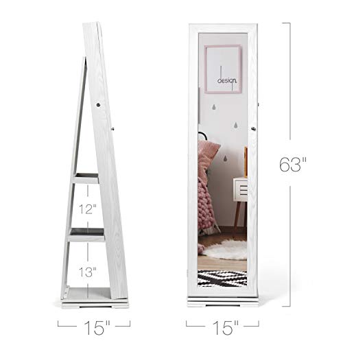 TWING Jewelry Organizer Jewelry Cabinet 360 Rotating , Lockable Standing Wall Jewelry Armoire with Full Length Mirror Large Jewelry Armoire Cabinet(White with wood grain)