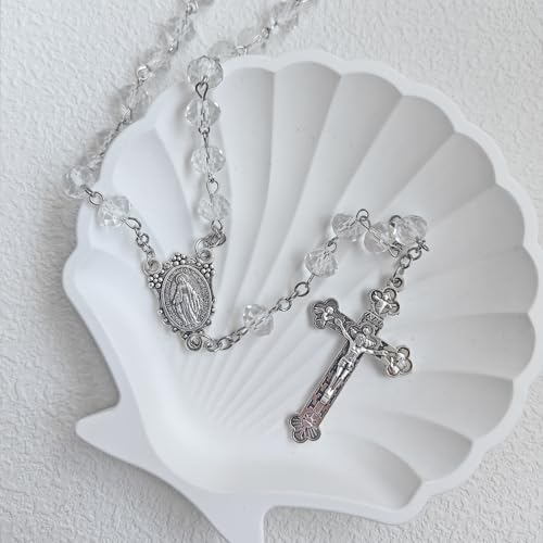 Rnivida Catholic Crystal Beads Rosary with Miraculous Medal, Cross Crucifix Rosaries Communion Rosary for Women3