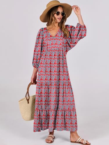 Image of ANRABESS Womens Boho Floral 3 /4 Puff Sleeve Maxi Dress