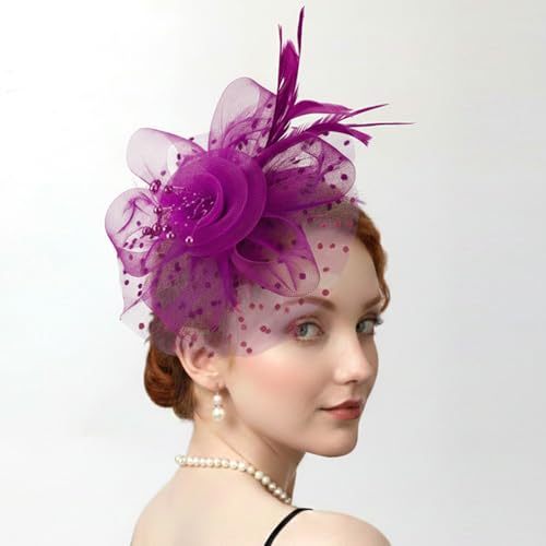 Image of DRESHOW Fascinators Hat Flower Mesh Ribbons Feathers on a Headband and a Clip Tea Party Headwear for Girls and Women