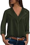Damen Chiffon Langarmshirt V-Ausschnitt Locker Shirt Casual Bluse Einfarbig Frauen Oberteile Armee-Grün 38