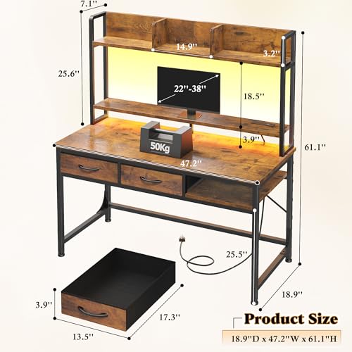 Image of DurayLoly 47.2 inch Computer Desk with Hutch& Drawers,Desk for Bedroom | Eye-protective Soft LED Teen Study Desk Built-in USB Port for Desk Lamps Monitor Stand, Protect Neck & Spine
