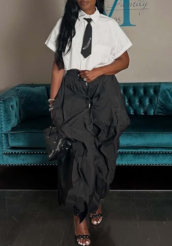 SHINFY Parachute Pants Woman Puffy Ruffle Wide Leg Palazzo Pant Drawstring Flowy Baggy Cargo Pants Trousers3