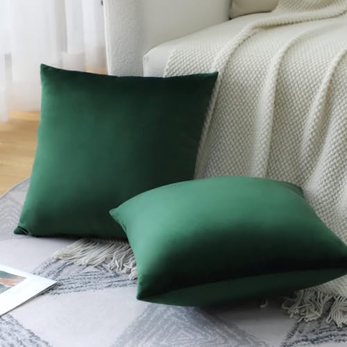 Image of 2 Piece Premium Holland Velvet Cushion Cover, Army Green, 18x18 | Soft Solid Decorative Throw Square Pillow Cases Modern Luxury Home Decor for Couch Sofa Bedroom Livingroom