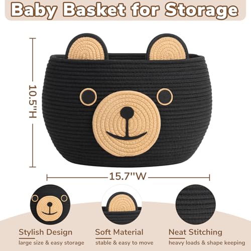 Image of CherryNow Woven Rope Basket, Bear Baskets for Gifts Empty, Large Storage Basket for Living Room Nursery, Decorative Animal Baskets with Handles, Black, 15.7 inchD x 10.5 inchH