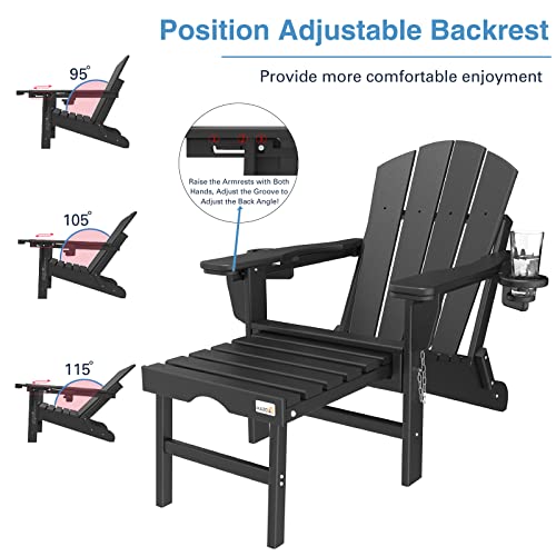 Mdeam Adjustable Backrest Adirondack Chair Folding Patio Lawn Outdoor Fire Pit Chairs Adirondack Chairs Weather Resistant With 2 Cup Holder/Adirondack Retractable Ottoman(Black) #TOP3