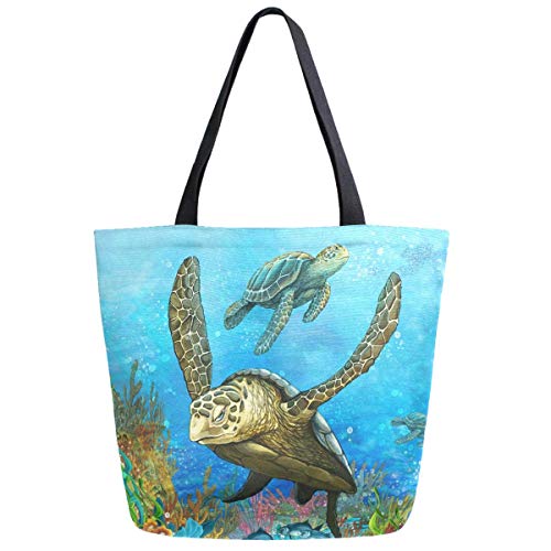Beautiful Ocean Swimming Sea Turtles Fish Extra Large Canvas Shoulder Tote Top Storage Handle Bag for School Gym Beach Weekender Travel Reusable Grocery Shopping