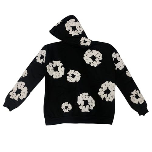 Soosuihoo Sudadera con capucha para hombre con estampado de flores, de gran tamaño, vintage, Y2K, estética, sudadera gótica Harajuku, Negro -, Small