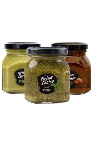 Image of Perfect Choice Pesto Variety Pack - Gourmet Basil, Rosso & Creamy Flavored Pesto Sauce Set, Non-GMO Ingredients, Ready-to-Use Pasta Sauce, Versatile Spread for Pasta Sandwiches & Meals, Giftable Sampler Pack
