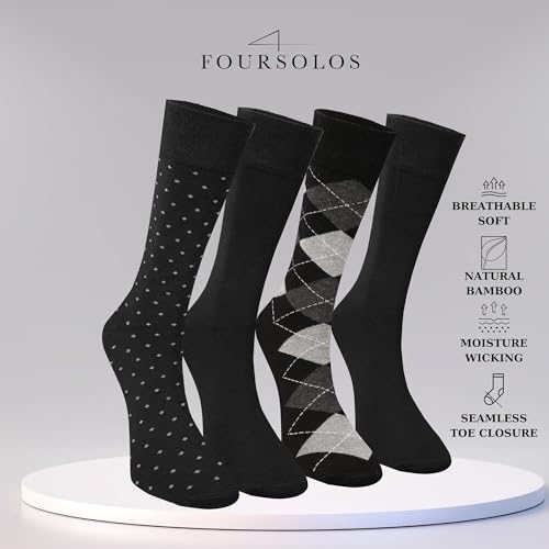 Men's Bamboo Dress Socks, Non-Binding, Breathable, Soft Crew Length Socks, Ideal for Everyday Wear, 4 Pack (9-12)2